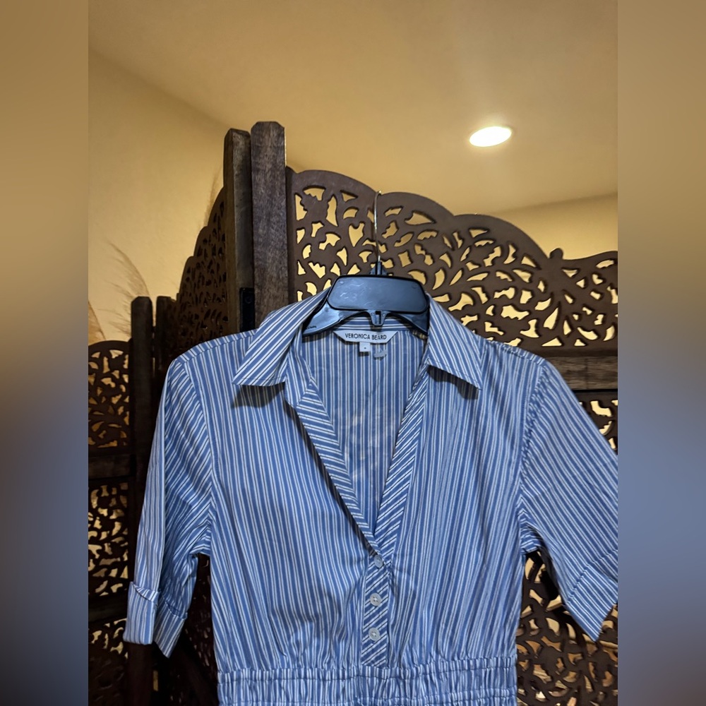 Veronica Beard Light Blue and White Striped Mini Shirt Dress - Size 0, Blue - Picture 3 of 4